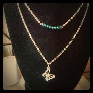 Two layer blue greenish butterfly necklace